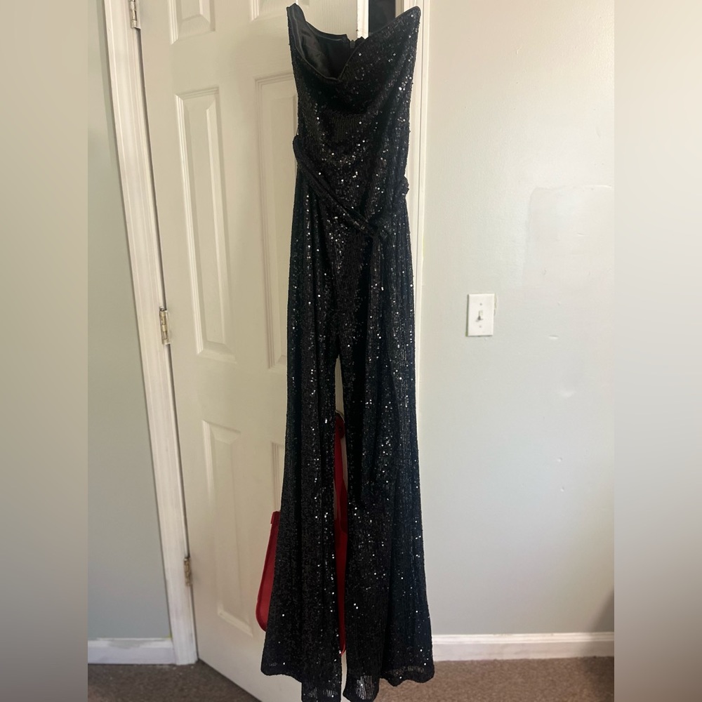 Lulus Flirty Moves Black Sequin Strapless Wide-Leg Jumpsuit.